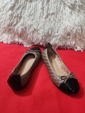 Josef Seibel Germany Taupe Quilted Flats with Black Patent Cap Toe